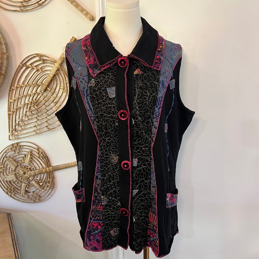 Parsley & Sage Art Patchwork Embroidered Button Front Vest XL Boho Lagenlook - Picture 2 of 8